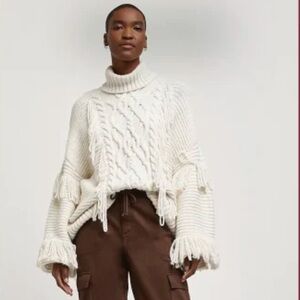River Island Cream Fringe Cable Knit Turtleneck Sweater Size Large